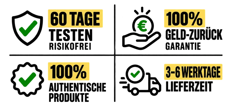 60 Tage testen risikofrei, Geld-zurück-Garantie, 100% authentische Produkte, 3-6 Werktage Lieferzeit